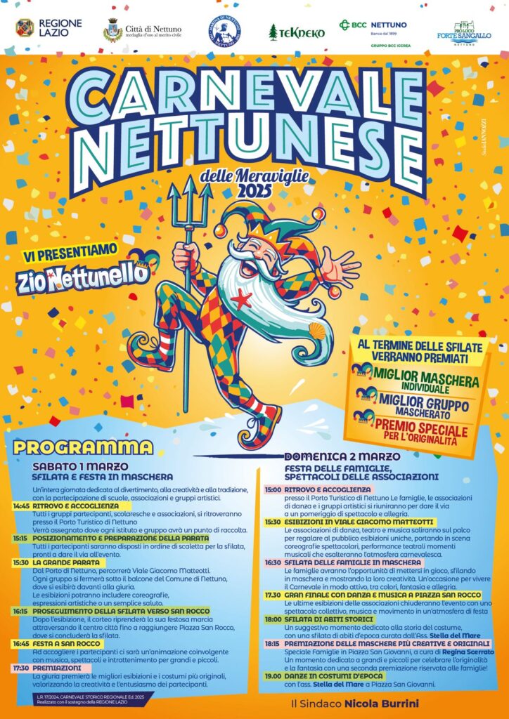 Carnevale delle Meraviglie 2025, un evento organizzato dalla Pro Loco Forte Sangallo in collaborazione con il Comune di Nettuno